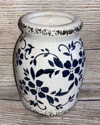 Stoneware Vase w/Blue Floral Print