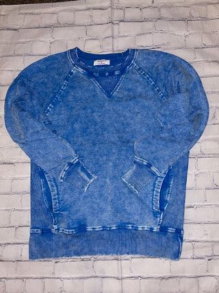 Zenana Acid Wash Terry Pullover with Pockets Ocean Blue