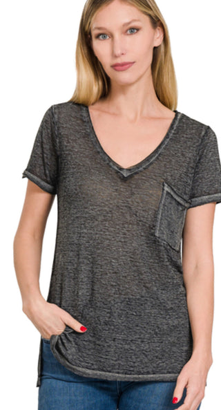 Zenana Washed Melange Burnout Scoop V-neck Top Ash Black