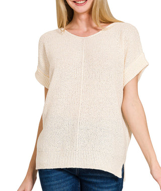 Zenana Center Seam Short Sleeve Sweater Cream