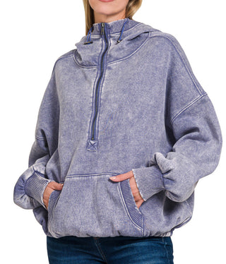 Zenana Fleece Drawstring Hem Half Zip Kangaroo Hoodie Marlin