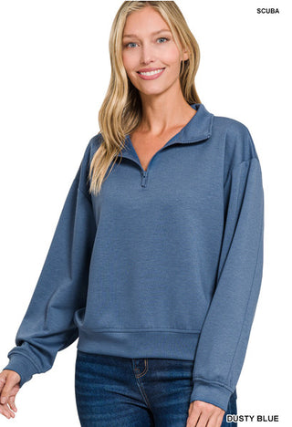 Zenana Scuba Half Zip Pullover Sweatshirt Dusty Blue