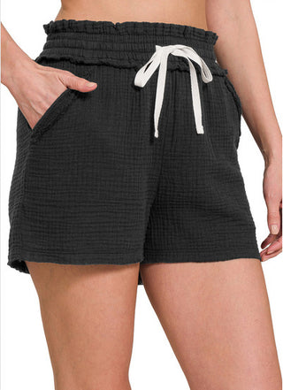 Zenana Double Elastic Band Linen Drawstring Waist Shorts Black
