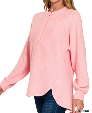 Zenana Brushed Hacci Oversized 7-Button Henley Sweater Dark Pink