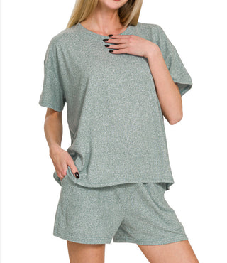 Zenana Soft Melange Short Sleeve Tee & Shorts Set Ash Jade