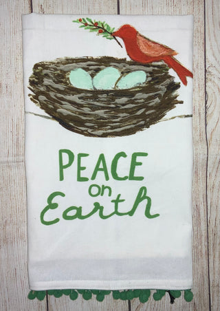 Creative Co-op Tea Towel w/Pom Peace On Earth