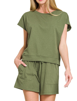 Zenana Premium Cotton Top & Shorts Set Light Olive