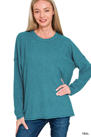 Zenana Ribbed Brushed Melange Hacci Sweater with Pocket Teal