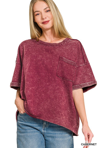 Zenana French Terry Acid Washed Exposed Seam T-Shirt Cabernet