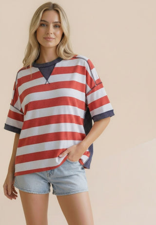 Haptics Crewneck Oversized Stripe Knit Top Red