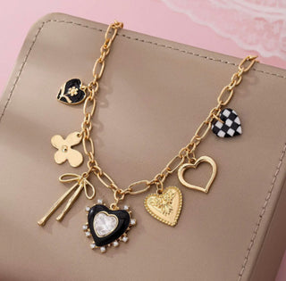 Josslyn Charm Necklace Bow Checker Heart Rhinestone Gold
