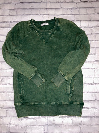 Zenana Acid Wash Terry Pullover with Pockets Dark Green