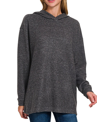 Zenana Hooded Brushed Melange Hacci Sweater Black