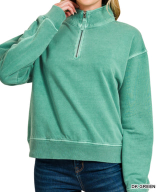 Zenana Pigment Dyed Enzyme Washed Half Zip Pullover DK Green