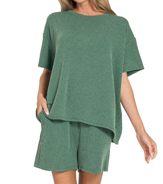 Zenana Ribbed Short Sleeve Tee & Shorts Set Hunter Green 8544