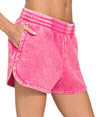 Zenana Acid Wash Elastic Waist Dolphin Shorts Hot Pink