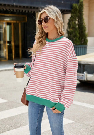 Lovesoft Color Contrast Crewneck Pink and White Stripes