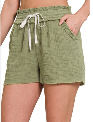 Zenana Double Elastic Band Linen Drawstring Waist Shorts Lt Olive