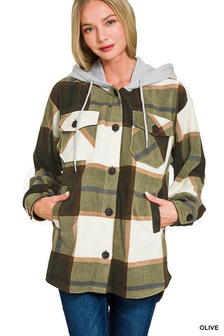 Zenana Plaid Hooded Shacket Olive
