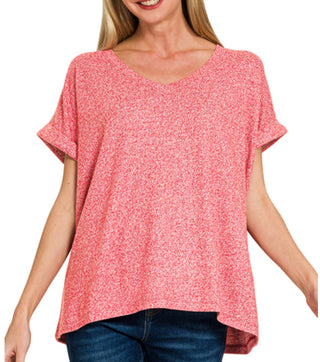Zenana Soft Melange Hacci V-Neck Tee Dark Red