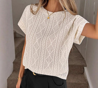 LovesoftTextured Jacquard Knit Short Sleeve Crew Neck Top Apricot
