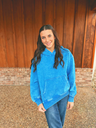 Zenana Fleece Acid Wash Kangaroo Pocket Hoodie Ocean Blue