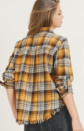 Risen Plaid Frayed Hem Hi & Lo Shirt Yellow