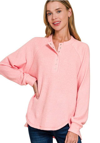 Zenana Brushed Hacci Oversized 7-Button Henly Sweater Dark Pink