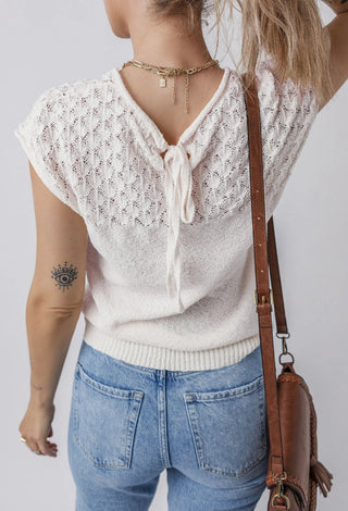 Lovesoft Eyelet Knit Tied Back Short Sleeve Top White
