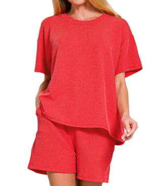 Zenana Ribbed Short Sleeve Tee & Shorts Set Ruby 8544
