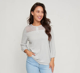 Elsie & Zoey Selena Ribbed Henley Top Light Gray