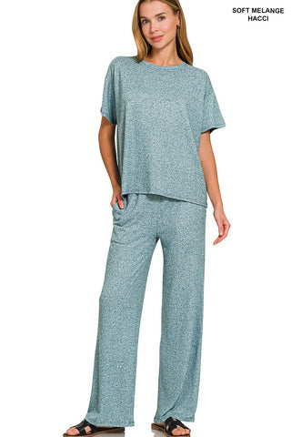 Zenana Soft Melange Short Sleeve/Pant Set Teal