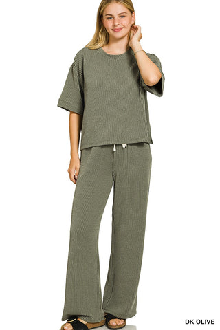 Zenana Ribbed Short Sleeve Tee & Pant Set Olive