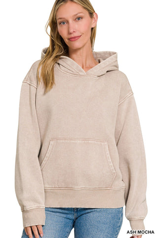 Zenana Fleece Acid Wash Kangaroo Pocket Hoodie Ash Mocha