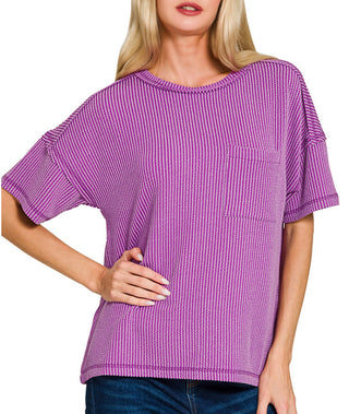Zenana Raised Rib Exposed Seam Short Sleeve Top Lt Plum
