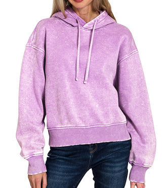 Zenana Acid Wash Fleece Cropped Hoodie B Lavender