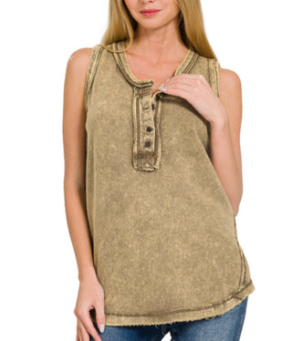 Zenana Washed Half-Button Sleeveless Henley Mocha