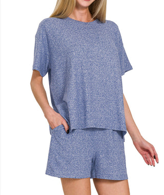 Zenana Soft Melange Short Sleeve Tee & Shorts Set Light Navy