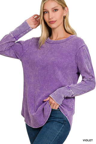 Zenana Washed Baby Waffle Long Sleeve Top Violet