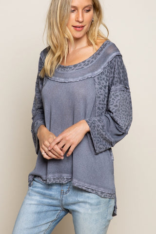 POL Clothing Fearless Perfect Knit Top Charcoal Leo Print