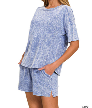 Zenana Halo Snow Washed Short Sleeve Tee & Shorts Set Navy