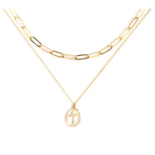 Splendid Iris Oval Cross and Paperclip Double Necklace Gold