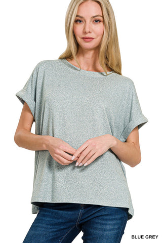 Zenana Soft Melange Hacci Short Sleeve Top Blue Grey