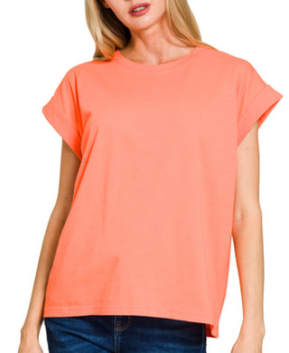Zenana Folded Sleeve T-Shirt Coral