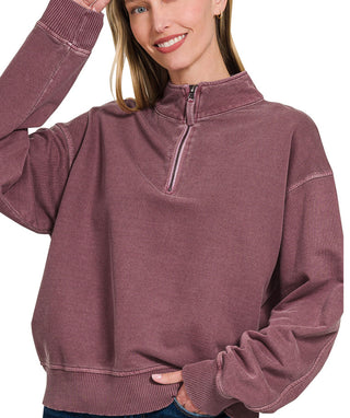 Zenana Pigment Dyed Enzyme Washed Half Zip Pullover Eggplant