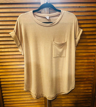 Sew In Love Short Sleeve Round Neck Front Pocket Top Mustard