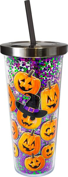 Pumpkins Glitter Cup w/Straw