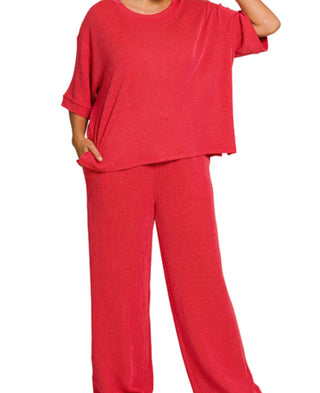 Zenana Ribbed Short Sleeve Tee & Pant Set Ruby