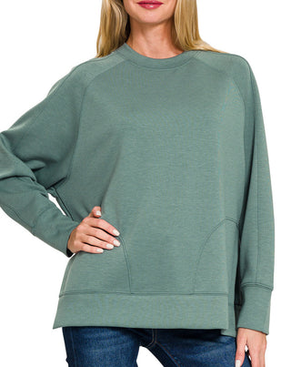 Zenana Scuba Round Neck Pullover Side Slits Ash Jade