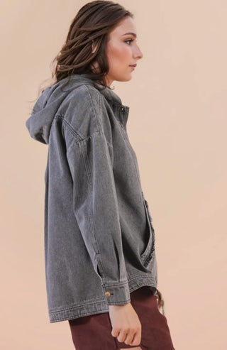 Very J Washed Demin Casual Hooded Pullover Top Black